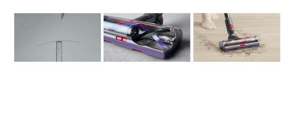 Dyson V8 vacuum in handheld mode, Woman emptying a Dyson V8 vacuum, Woman storing Dyson V8 vacuum in Wall Dok